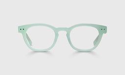 Unisex Waylaid style round eyeglasses with milky mint acetate frame and matching temples on a light gray background
