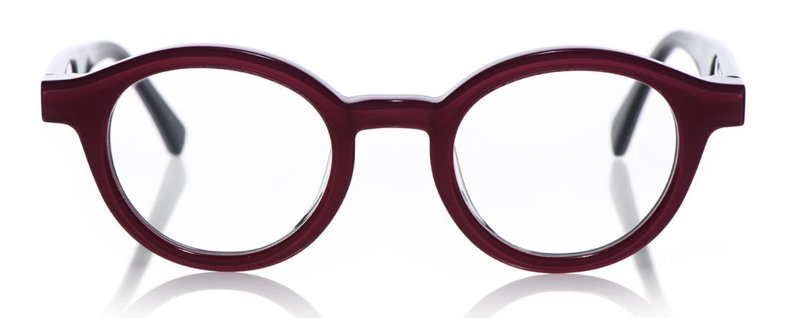 Unisex average size round eyeglasses with deep raspberry front frame and layered grey temples on white background