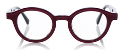 Unisex average size round eyeglasses with deep raspberry front frame and layered grey temples on white background