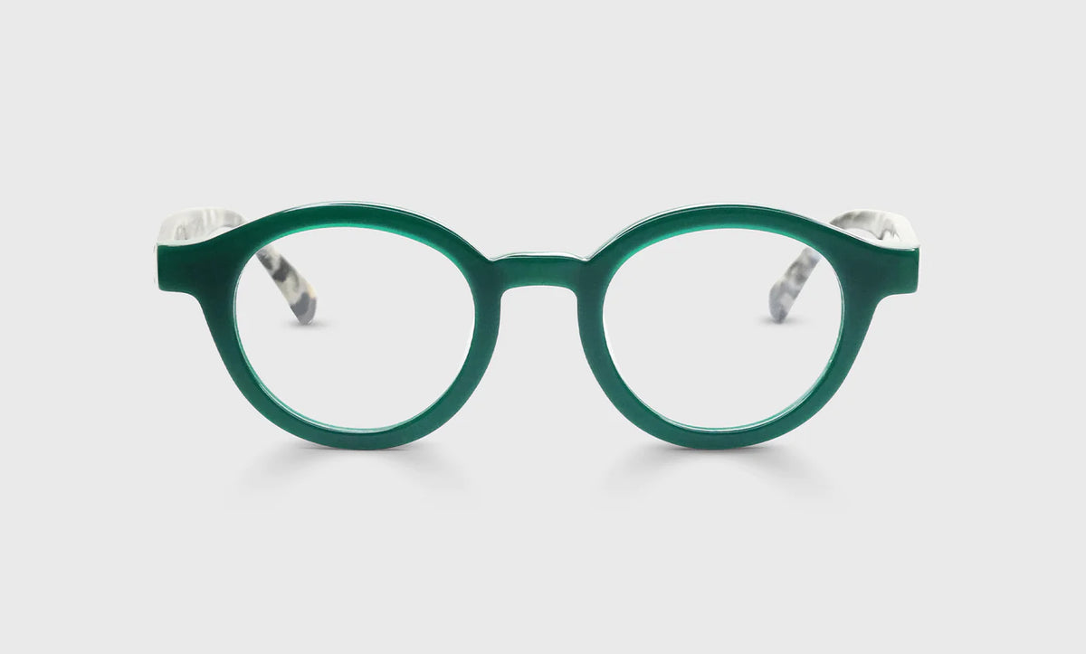 Round eyeglasses with green acetate front and black temples featuring grey rock garden pattern on white background