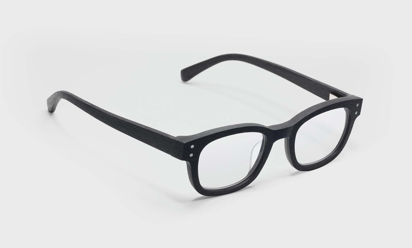 00_eyebobs premium designer biff readers, blue light and prescription glasses in black with wood grain finish