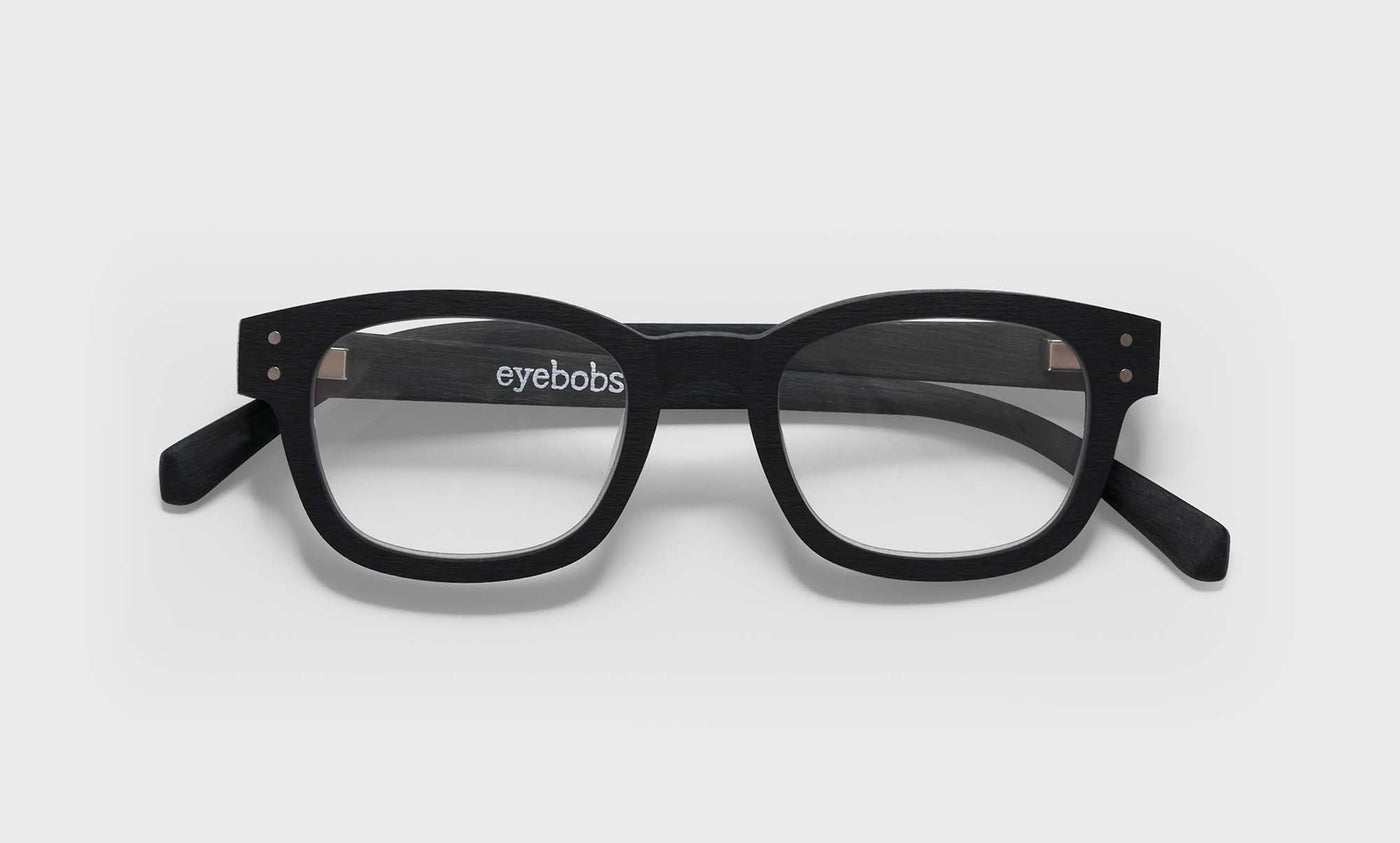 00_eyebobs premium designer biff readers, blue light and prescription glasses in black with wood grain finish