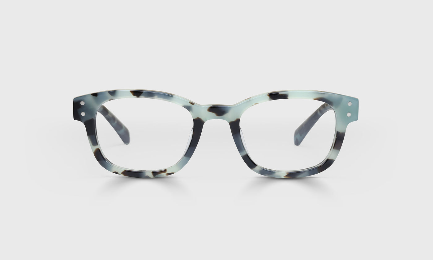 Unisex narrow square eyeglasses with mint chocolate chip acetate frame and temples on a light gray background