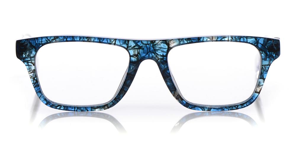 Women's rectangular acetate glasses with blue marbled front and clear crystal sides on white background