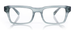 Wide unisex square eyeglasses with translucent smoky gray acetate frame and subtle matte finish on reflective white surface