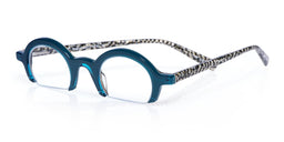 Narrow blue acetate reading glasses with round lenses and patterned temples on white background for bold style