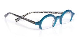 Narrow blue acetate reading glasses with round frames and patterned arms set against a white background