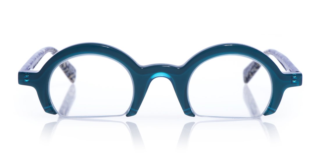 Bold narrow blue acetate reading glasses with round lenses and keyhole bridge on white background