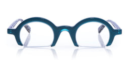 Bold narrow blue acetate reading glasses with round lenses and keyhole bridge on white background