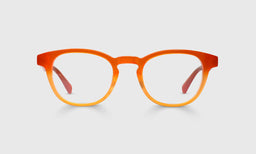 Round eyeglasses with gradient acetate frame fading from bright orange to soft peach on a light gray backdrop