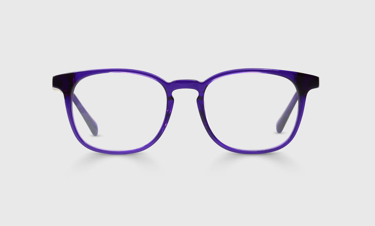 Unisex average size Boardroom square eyeglasses with violet purple crystal acetate front and temples on light background