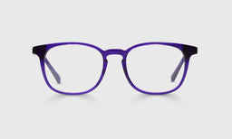 Unisex average size Boardroom square eyeglasses with violet purple crystal acetate front and temples on light background