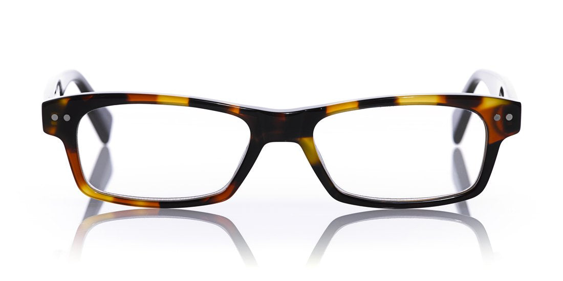 Sharp square acetate eyeglasses in light tortoise with shiny finish and subtle yellow and brown temple accents on white background