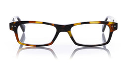 Sharp square acetate eyeglasses in light tortoise with shiny finish and subtle yellow and brown temple accents on white background