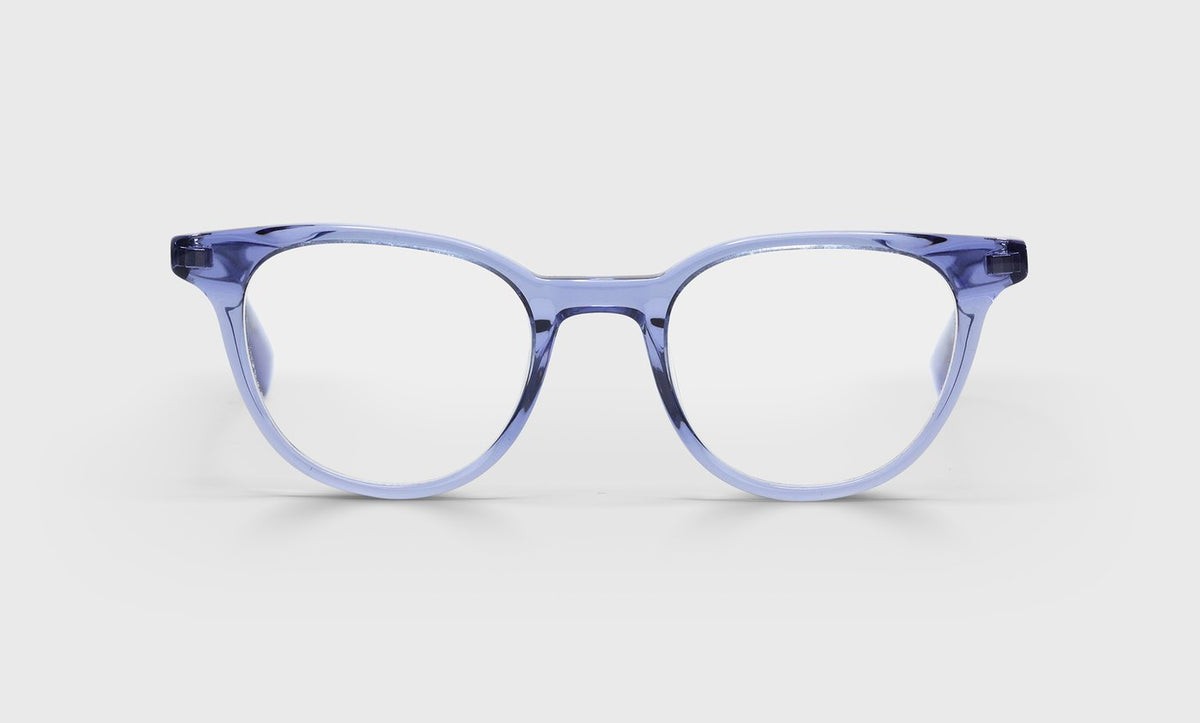 Unisex wide round eyeglasses with periwinkle crystal acetate frame and temples on a white background