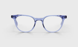 Unisex wide round eyeglasses with periwinkle crystal acetate frame and temples on a white background