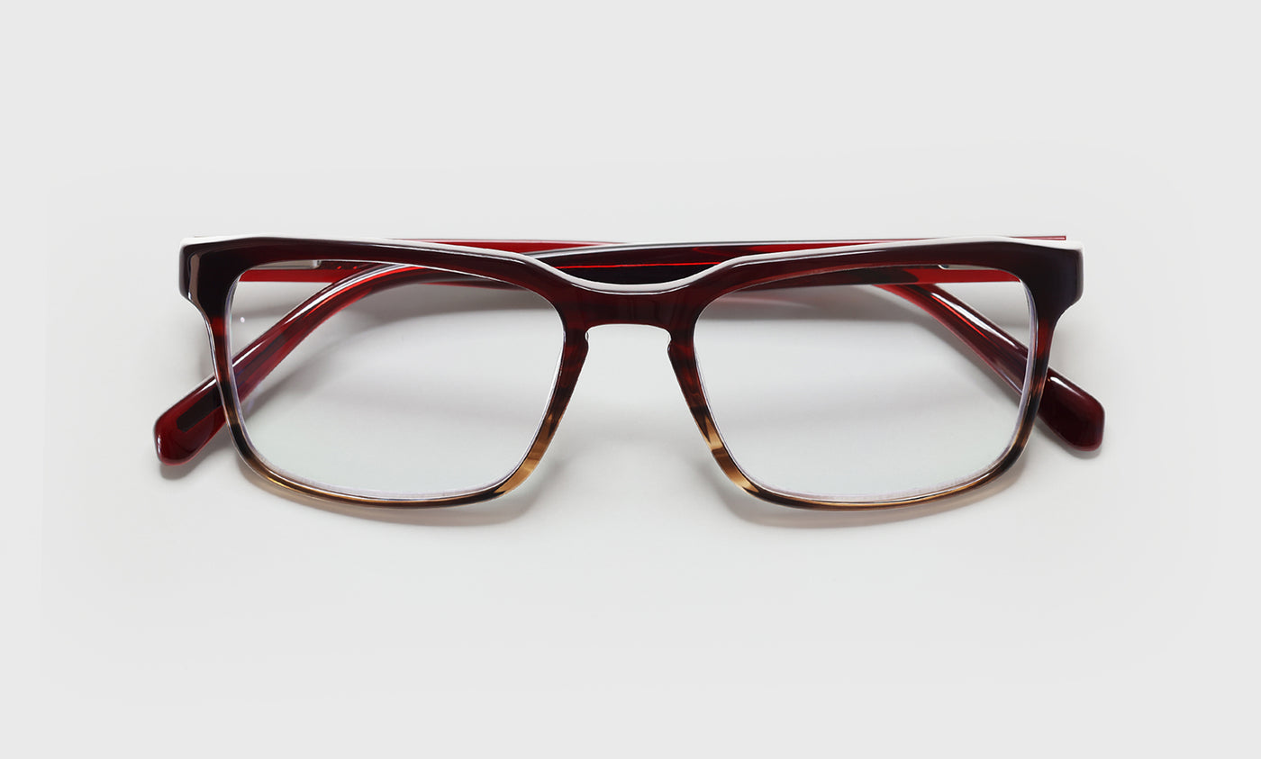 01_eyebobs premium designer seymour glass readers, blue light and prescription glasses in burgundy to brown fade