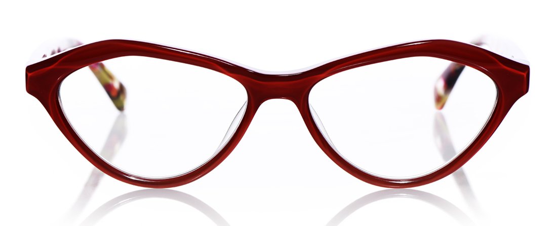 Women's cat-eye prescription eyeglasses with a red glossy front and matching red temples on white background