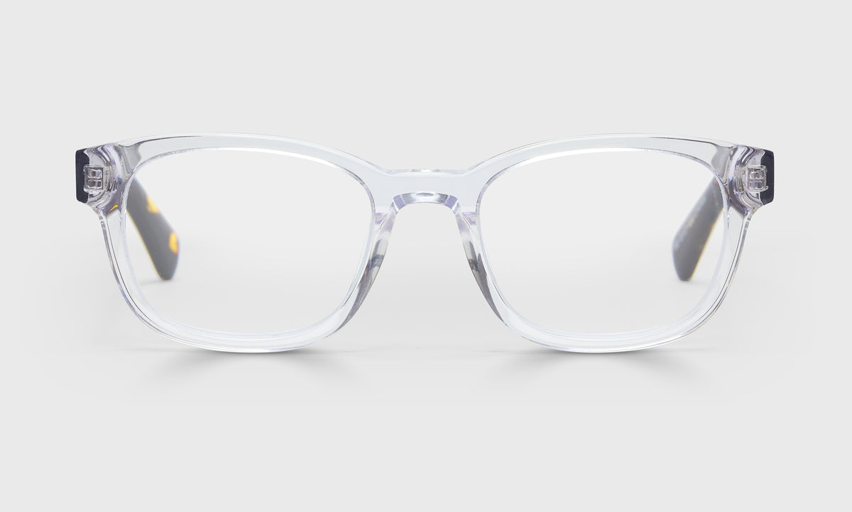 Biff Wide reading glasses with italian-designed acetate frames and scratch resistant lenses in translucent crystal color