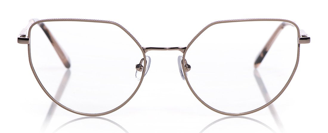 Wide cat-eye eyeglasses with thin rose gold metal frame and clear lenses on reflective white surface