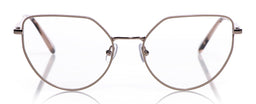 Wide cat-eye eyeglasses with thin rose gold metal frame and clear lenses on reflective white surface