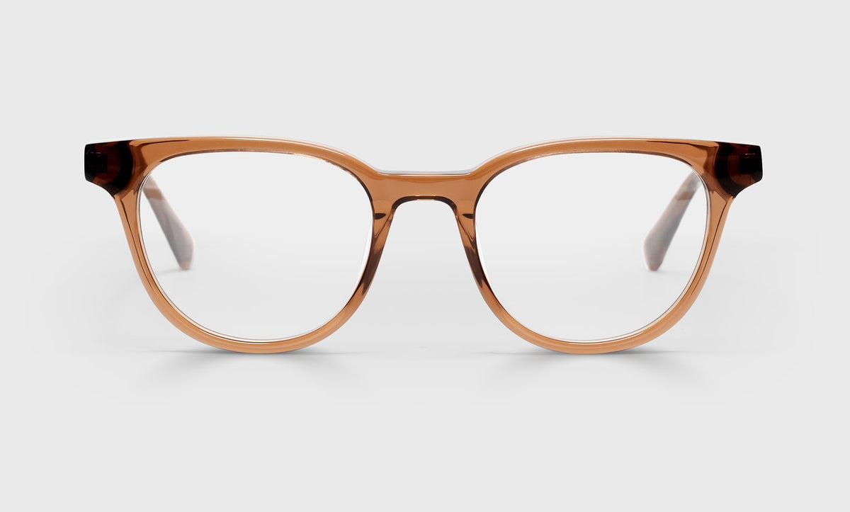 Unisex round eyeglasses with terracotta crystal acetate frame and temples on a white background