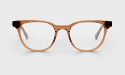 Unisex round eyeglasses with terracotta crystal acetate frame and temples on a white background