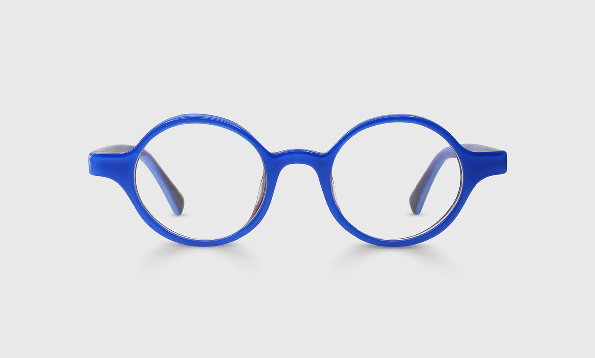 Unisex average size round prescription eyeglasses with layered brilliant blue and purple frame on light gray background