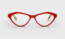 Wide women's cat-eye eyeglasses with bright red front frame and red chop-patterned temples on a light gray background