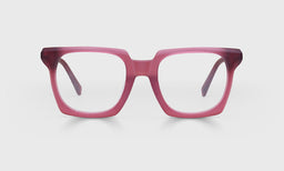 Square acetate eyeglasses with milky burgundy front fading to darker tips and light gunmetal temples on gray background