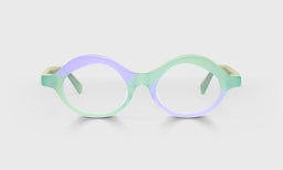 Unisex round eyeglasses featuring a sage green and soft purple acetate frame and temples on a pale gray background