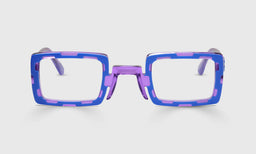 Rectangular eyeglasses with layered azure and crystal violet frames featuring a dimensional cut-out design on light background