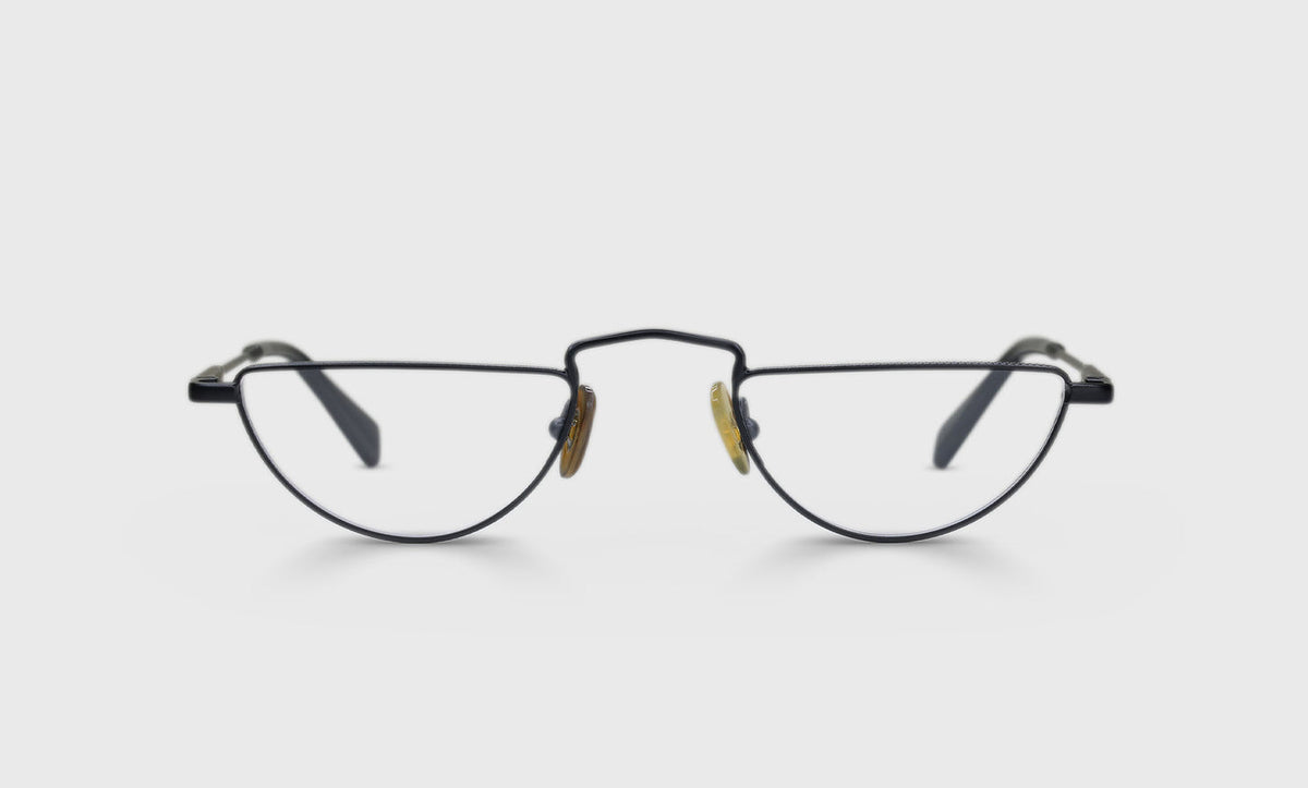 Unisex half-rim reading glasses with matte black metal front frame and matching black temples on a white background