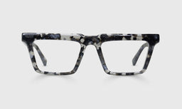 Wide square prescription eyeglasses with black and grey marbled acetate frame on plain light gray background