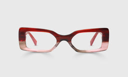 Wide rectangular eyeglasses with a cherry to blush gradient front and solid red temples on a light gray background