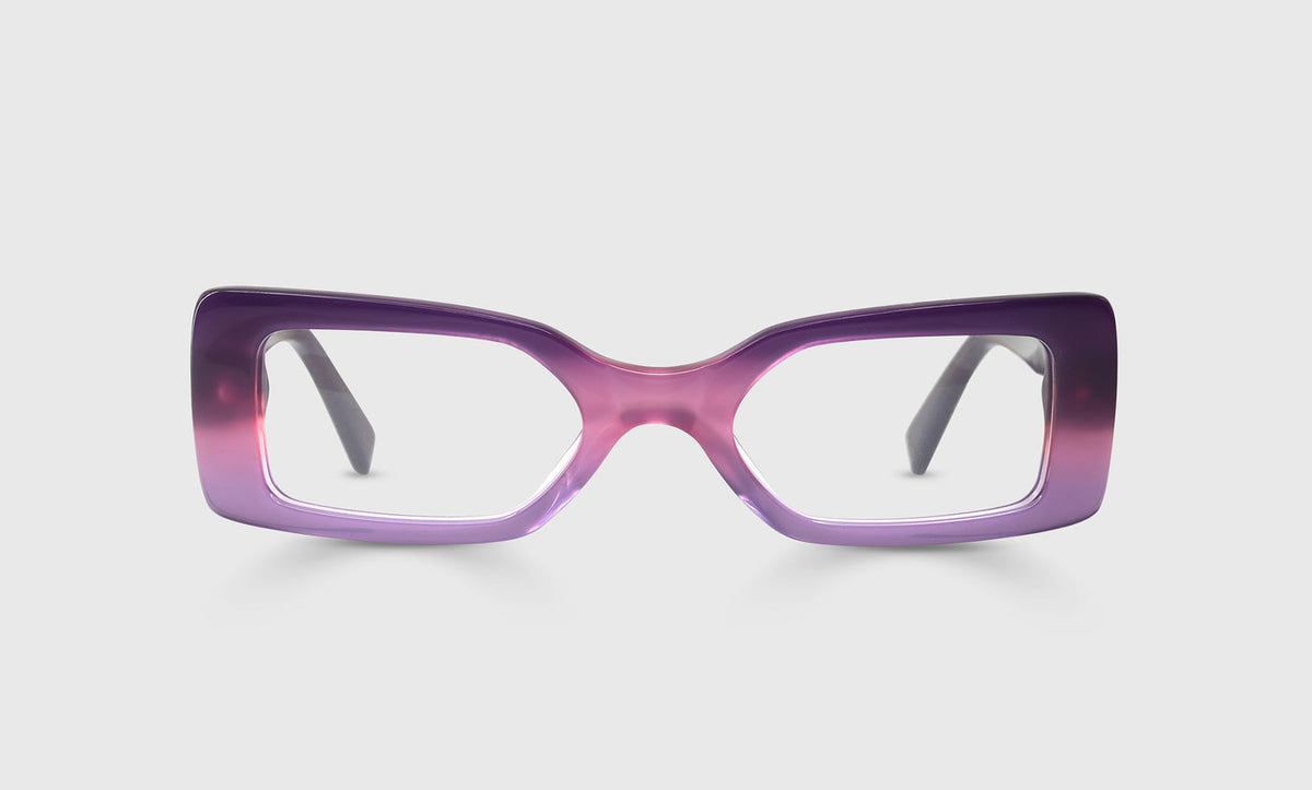 Narrow rectangular eyeglasses with purple slushie gradient front and solid purple temples on light gray background