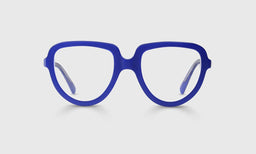 Oval narrow eyeglasses with matte purple acetate frame and matching temples on light gray background