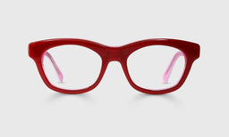 Wide unisex round eyeglasses with layered red, white, and pink acetate frame and temples on a white background