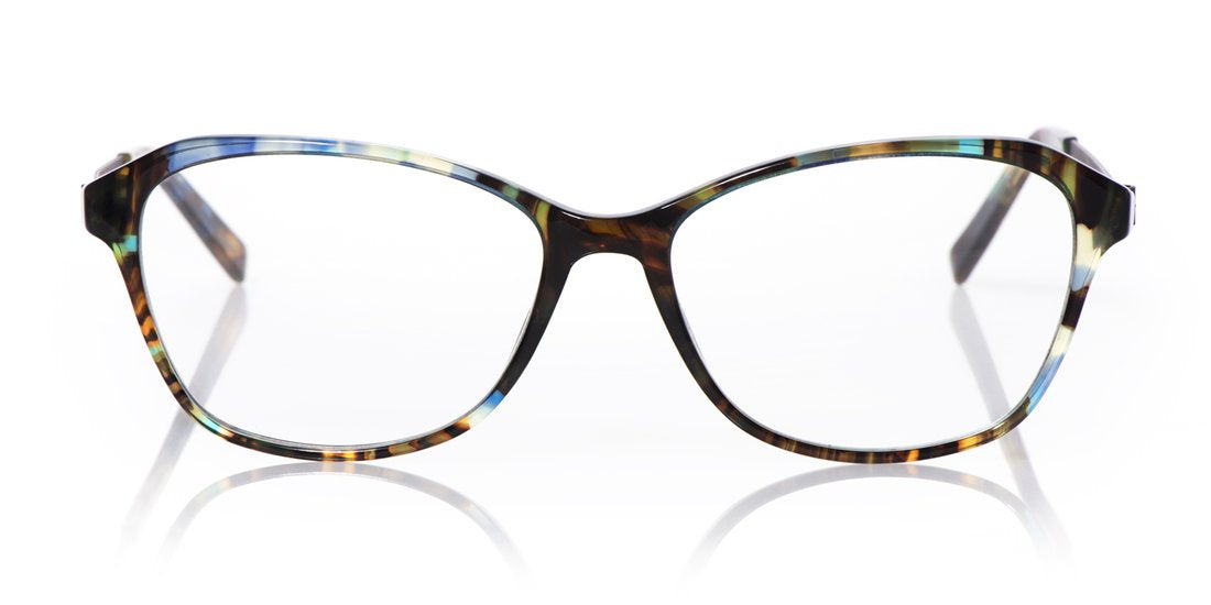 Unisex shiny acetate eyeglasses with tortoise pattern featuring blue and brown tones on a white reflective surface