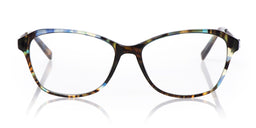 Unisex shiny acetate eyeglasses with tortoise pattern featuring blue and brown tones on a white reflective surface