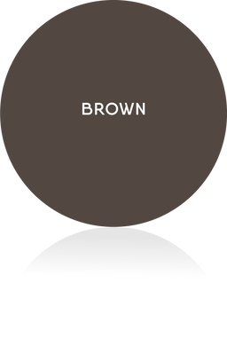 Solid deep brown circular color sample with centered white uppercase text and soft reflection on a white background
